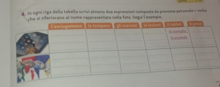 punti_ 
4. In ogni riga della tabella scrivi almeno due espressioni composte da pronome personale + verbo 
si riferiscano al nome rappresentato nella foto. Segui l'esempio.