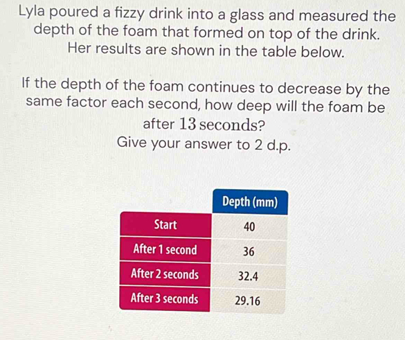 Solved: Lyla poured a fizzy drink into a glass and measured the depth ...