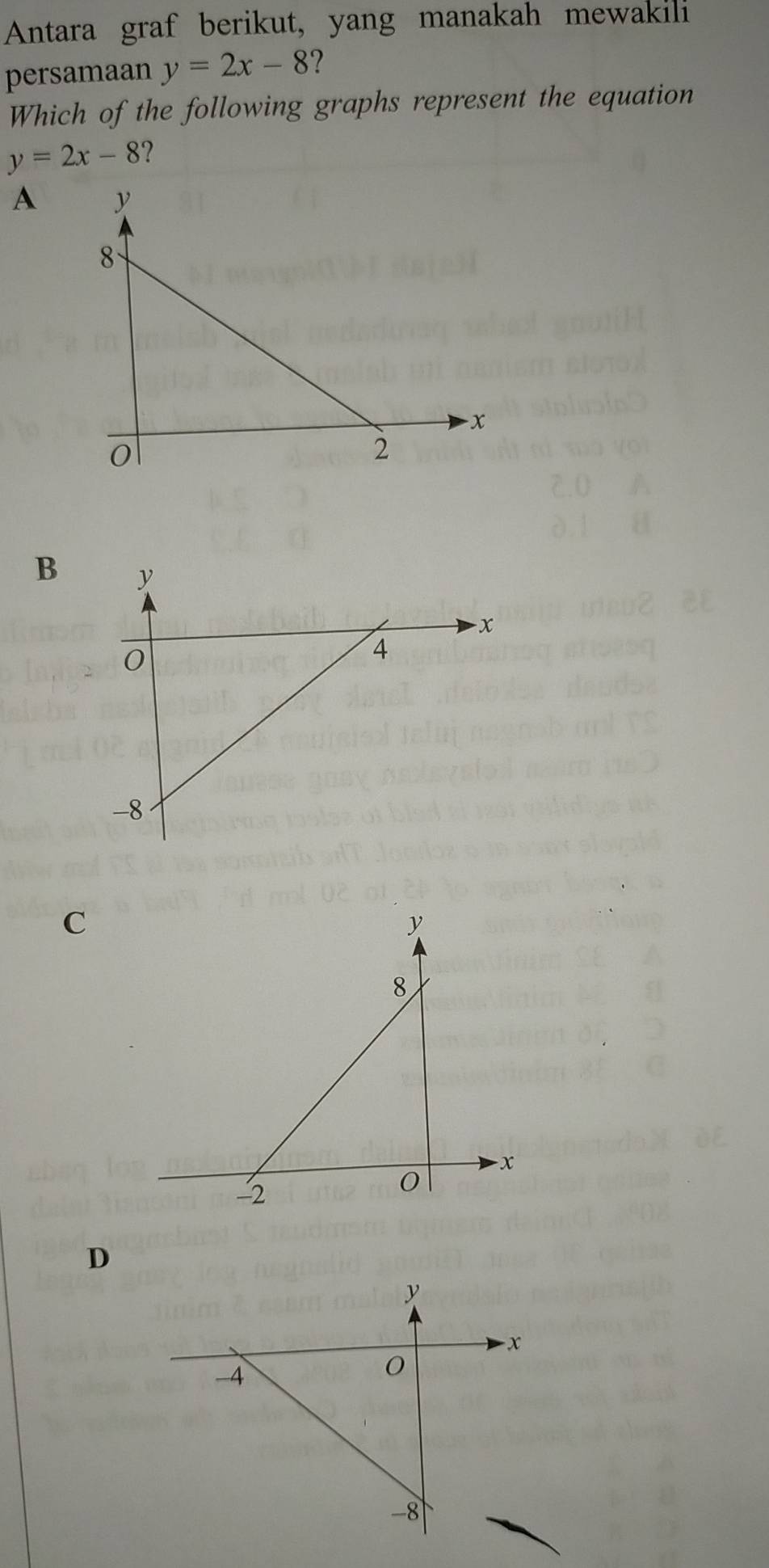 Antara graf berikut, yang manakah mewakili
persamaan y=2x-8
Which of the following graphs represent the equation
y=2x-8 ?
A
B
C
D
y
-x
-4
-8