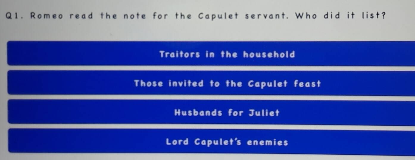 Solved: Romeo read the note for the Capulet servant. Who did it list ...