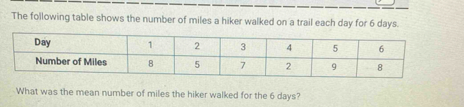 The following table shows the number of miles a hiker walked on a trail each day for 6 days. 
What was the mean number of miles the hiker walked for the 6 days?