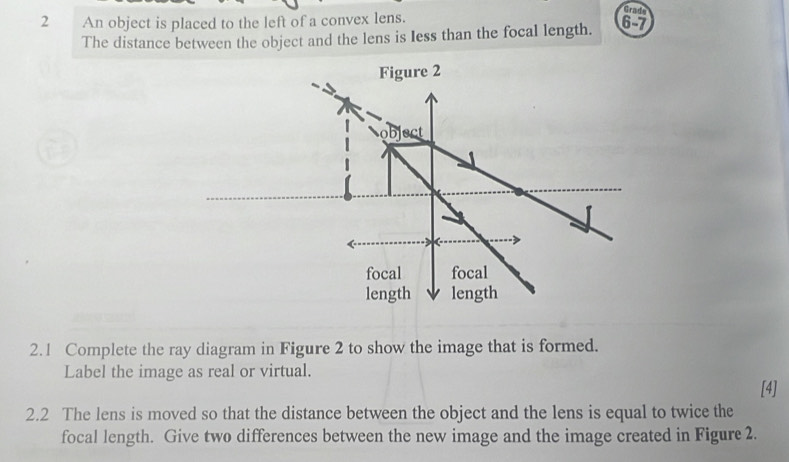 Grade 
2 An object is placed to the left of a convex lens. 6-7 
The distance between the object and the lens is Iess than the focal length. 
2.1 Complete the ray diagram in Figure 2 to show the image that is formed. 
Label the image as real or virtual. 
[4] 
2.2 The lens is moved so that the distance between the object and the lens is equal to twice the 
focal length. Give two differences between the new image and the image created in Figure 2.