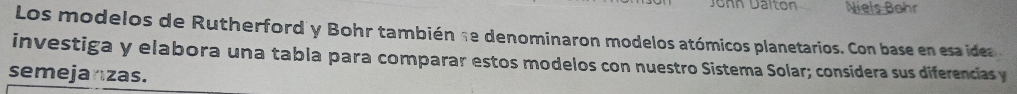 John Dalton Niels Bohr 
Los modelos de Rutherford y Bohr también se denominaron modelos atómicos planetarios. Con base en esa de 
investiga y elabora una tabla para comparar estos modelos con nuestro Sistema Solar; considera sus diferencias y 
semejanzas.