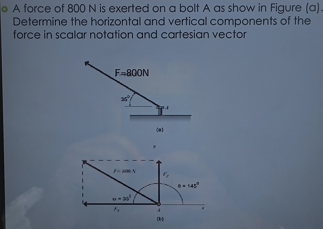 A force of 800 N is exerted on a bolt A as show in Figure (a).
Determine the horizontal and vertical components of the
force in scalar notation and cartesian vector
F=800N
35°
(a)