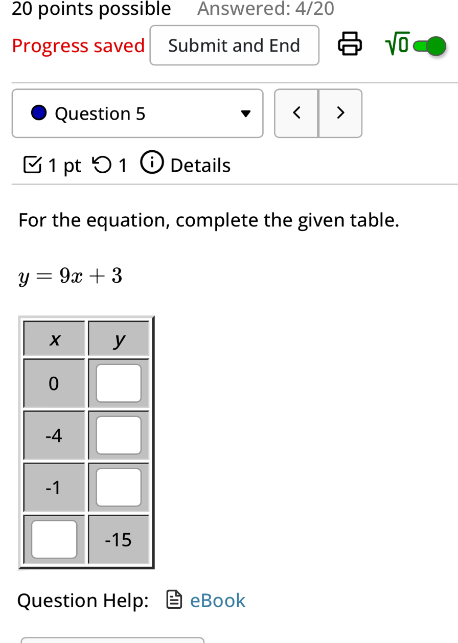 possible Answered: 4/20 
Progress saved Submit and End sqrt(0) 
Question 5 < > 
1 pt 5 1 Details 
For the equation, complete the given table.
y=9x+3
Question Help: eBook