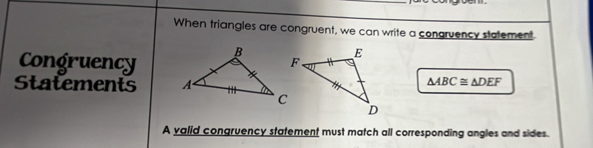 When triangles are congruent, we can write a congruency statement 
Congruency 
Statements
△ ABC≌ △ DEF
A valid conqruency statement must match all corresponding angles and sides.