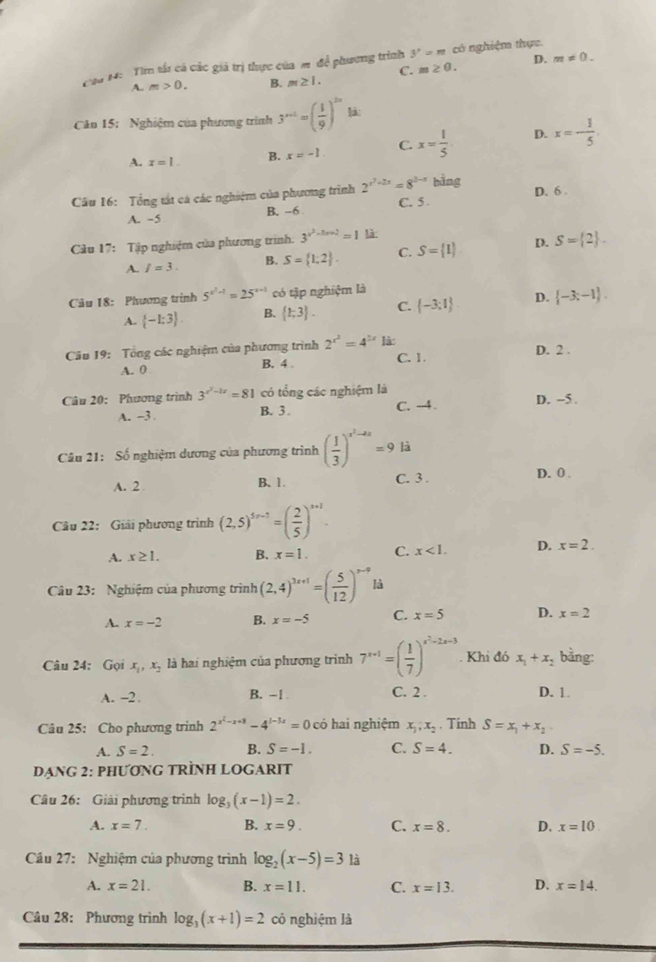 N: Tìm tải cá các giả trị thực của m. đề phương trình 3^x=m có nghiệm thực.
C. m≥ 0. D. m!= 0.
A. m>0.
B. m≥ 1.
Căn 15: Nghiệm của phương trình 3^(x+1)=( 1/9 )^3x
A. x=1.
B. x=-1 C. x= 1/5  D. x=- 1/5 
Câu 16: Tổng tắt cá các nghiệm của phương trình 2^(x^2)+2x=8^(3-x) bằng D. 6 .
A. -5 B. -6 C. 5 
Cầu 17: Tập nghiệm của phương trình. 3^(x^2)-2x+2=1 là
A. f=3.
B. S= 1;2 . C. S= 1 D. S= 2 .
Câu 18: Phương trình 5^(x^2)-1=25^(x+1) có tập nghiệm là
C.  -3;1 .
D.  -3;-1 .
A.  -1:3 .
B.  1;3 .
Câu 19: Tổng các nghiệm của phương trình 2^(x^2)=4^(2x) là:
D. 2 .
A. 0 B. 4 . C. 1
Câu 20: Phương trình 3^(x^2)-17=81 có tổng các nghiệm là D. -5 .
A. ~3. B. 3
C. --4 .
Câu 21: Số nghiệm dương của phương trình ( 1/3 )^x^2-2x=9 là
A. 2 B. 1. C. 3 .
D. 0 .
Câu 22: Giải phương trình (2,5)^5n-2=( 2/5 )^n+1.
D. x=2.
A. x≥ 1. B. x=1.
C. x<1.
Câu 23: Nghiệm của phương trình (2,4)^3x+1=( 5/12 )^x-9 là
A. x=-2
B. x=-5
C. x=5 D. x=2
Câu 24: Gọi x_1,x_2 là hai nghiệm của phương trình 7^(x+1)=( 1/7 )^x^2-2x-3 Khi đó x_1+x_2 bằng:
A. -2 . B. -1 C. 2 . D. 1.
Câu 25: Cho phương trình 2^(x^2)-x+8-4^(1-3x)=0 có hai nghiệm x_1,x_2. Tính S=x_1+x_2
A. S=2. B. S=-1. C. S=4. D. S=-5.
DạNG 2: PHƯơNG TRÌNH LOGARIT
Câu 26: Giải phương trình log _3(x-1)=2.
A. x=7. B. x=9. C. x=8. D. x=10
Câu 27: Nghiệm của phương trình log _2(x-5)=31 à
A. x=21. B. x=11. C. x=13. D. x=14.
Câu 28: Phương trình log _3(x+1)=2 cô nghiệm là