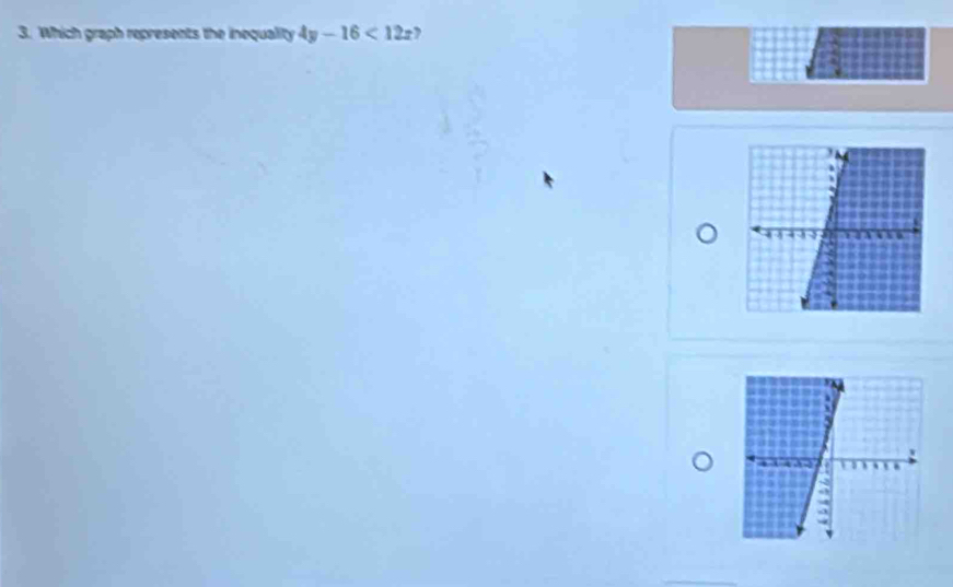 Which graph represents the inequality 4y-16<12x</tex> , 
S