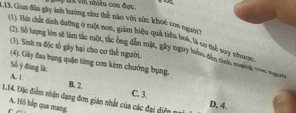 hếp đời với nhiêu con đực.
1.13. Giun đũa gây ảnh hưởng như thế nào với sức khoẻ con người?
(1). Hút chất dinh dưỡng ở ruột non, giảm hiệu quả tiêu hoá, là cơ thể suy nhược
(3). Sinh ra độc tố gây hại cho cơ thể người.
(2). Số lượng lớn sẽ làm tắc ruột, tắc ống dẫn mật, gây nguy hiểm đến tính mạng con ngườ
(4). Gây đau bụng quặn từng cơn kèm chướng bụng.
Số ý đúng là:
A. 1. B. 2. C. 3.
1.14. Đặc điểm nhận dạng đơn giản nhất của các đại diện no
A. Hô hấp qua mang.
D. 4.
C