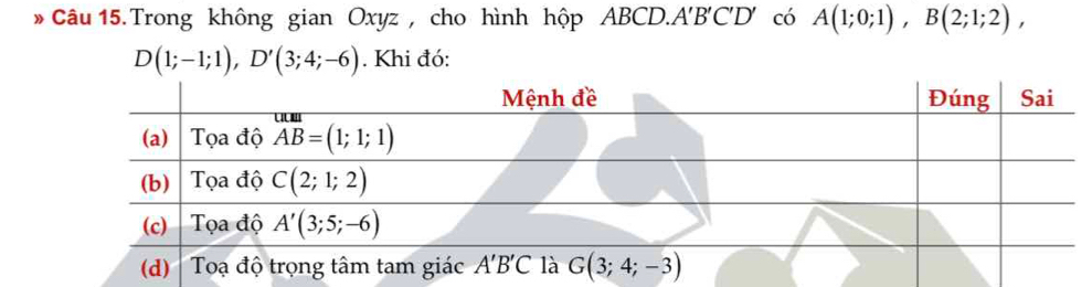 Trong không gian Oxyz , cho hình hộp ABCD.A'B'C'D' có A(1;0;1),B(2;1;2),
D(1;-1;1),D'(3;4;-6). Khi đó: