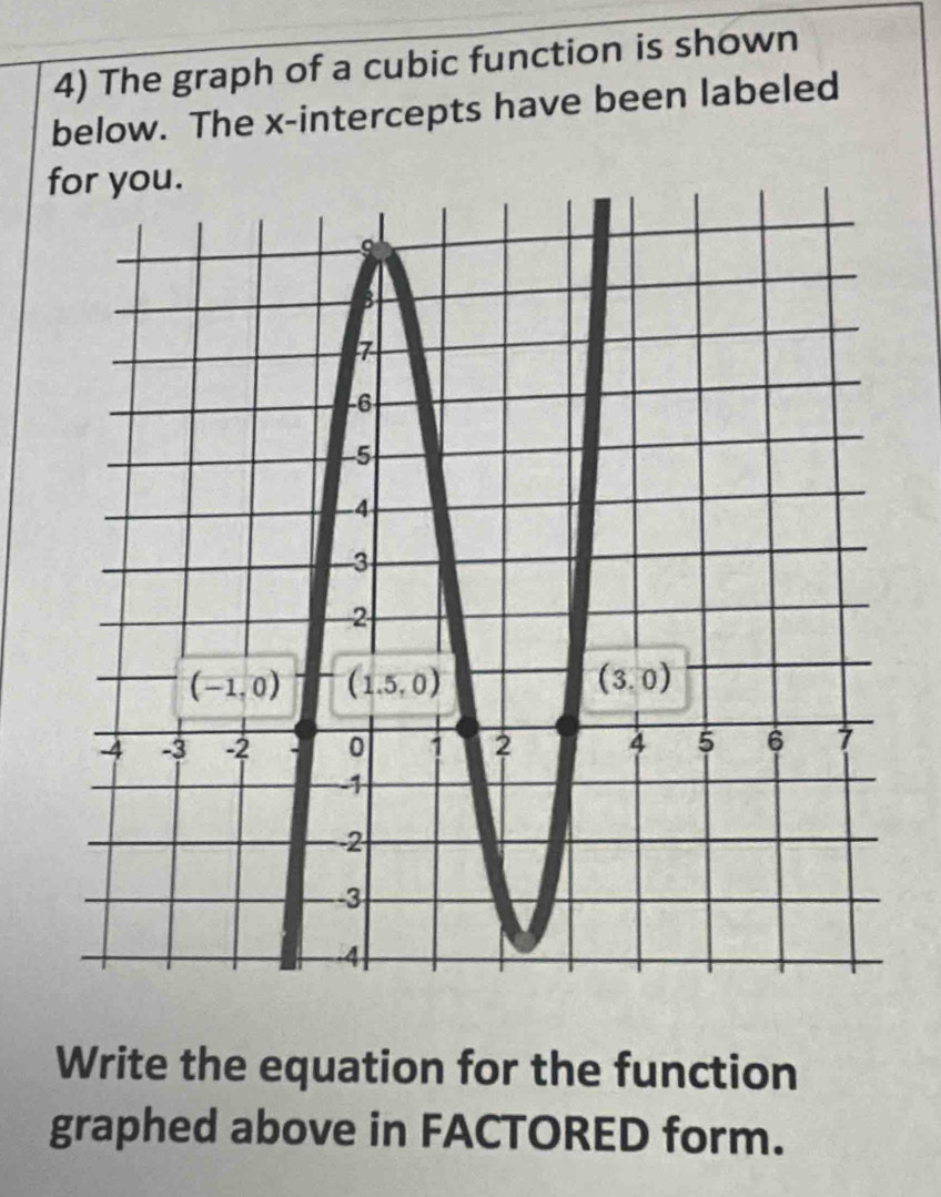 The graph of a cubic function is shown
below. The x-intercepts have been labeled
f.
Write the equation for the function
graphed above in FACTORED form.