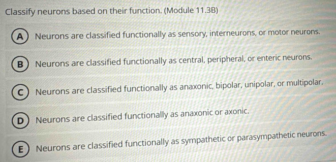 Classify neurons based on their function. (Module 11.3B)
A  Neurons are classified functionally as sensory, interneurons, or motor neurons.
B  Neurons are classified functionally as central, peripheral, or enteric neurons.
C ) Neurons are classified functionally as anaxonic, bipolar, unipolar, or multipolar.
D Neurons are classified functionally as anaxonic or axonic.
E  Neurons are classified functionally as sympathetic or parasympathetic neurons.