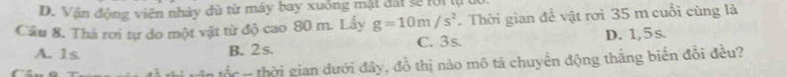 D. Vận động viên nhảy đù từ máy bay xuồng mật đất sẽ fới tự 
Cầu 8. Thá rơi tự do một vật từ độ cao 80 m. Lấy g=10m/s^2. Thời gian để vật rơi 35 m cuối cùng là
A. 1s. B. 2s. C. 3s. D. 1,5s.
in tốc - thời gian đưới đây, đồ thị nào mô tả chuyển động thằng biến đổi đều?