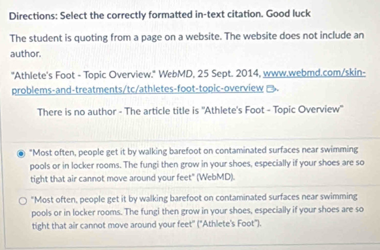 Solved: Directions: Select the correctly formatted in-text citation ...