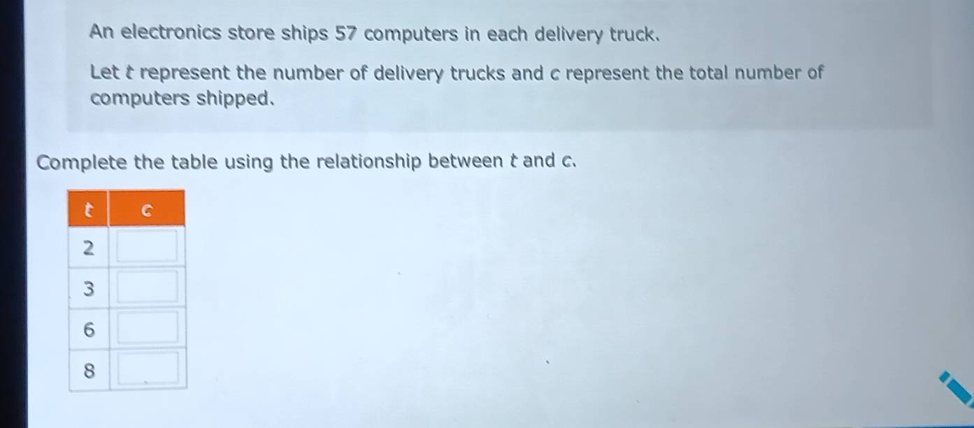 An electronics store ships 57 computers in each delivery truck. 
Let t represent the number of delivery trucks and c represent the total number of 
computers shipped. 
Complete the table using the relationship between t and c.