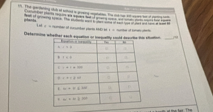t1. The gardening club at school is growing vegetables. The club has 300 squere fest of plenting bads
Cucumber plants require slx square feet of growing spece, and tomato plants nguirs four sqpers
feet of growing space. The students want to plant some of sach type of plart and wave a ae t
plants
Let e= number of cucumber plants AND let 1= number of lómato plarts
Determine whether each equsituation. _j Z
at the fair. The