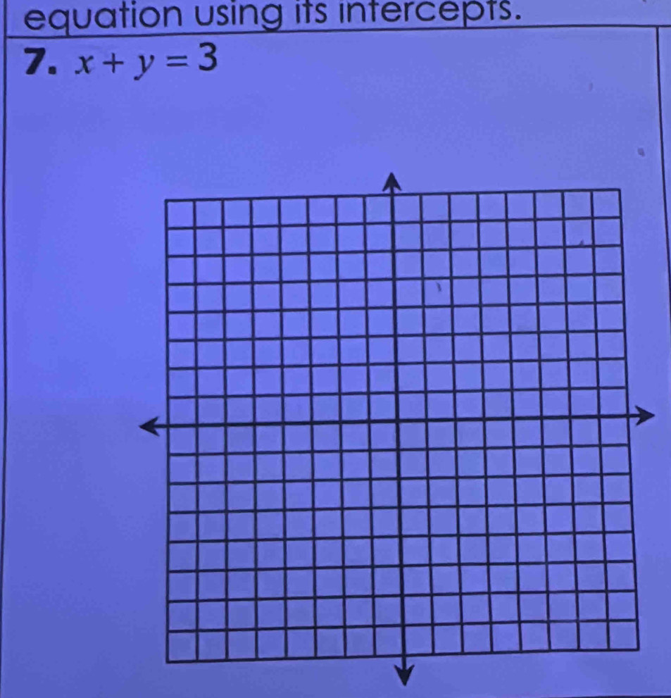 equation using its intercepts. 
7. x+y=3