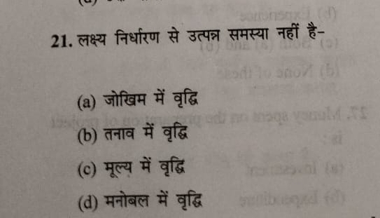 लक्ष्य निर्धारण से उत्पन्न समस्या नहीं है-
(a) जोखिम में वृद्धि
(b) तनाव में वृद्धि
(c) मूल्य में वृद्धि
(d) मनोबल में वृद्धि