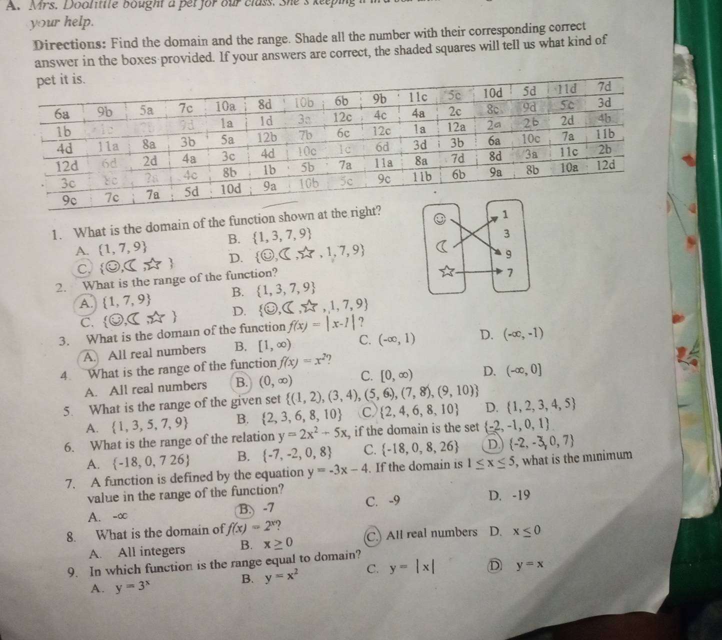 Mrs. Doolitile bought a pet for our class. She's keeping
your help.
Directions: Find the domain and the range. Shade all the number with their corresponding correct
answer in the boxes provided. If your answers are correct, the shaded squares will tell us what kind of
1. What is the domain of the function shown
B.  1,3,7,9
A.  1,7,9
c  odot ,⊂ ,π ) D.  odot ,⊂ ,2π ,1,7,9
2. What is the range of the function?
B.  1,3,7,9
A.  1,7,9  odot ,≤ ,sumlimits ',1,7,9
C.  odot ,⊂ ,π  D.
3. What is the domain of the function f(x)=|x-1| ?
A. All real numbers B. [1,∈fty ) C. (-∈fty ,1)
D. (-∈fty ,-1)
4. What is the range of the function f(x)=x^2 7
A. All real numbers B. (0,∈fty ) C. [0,∈fty )
D. (-∈fty ,0]
5. What is the range of the given set  (1,2),(3,4),(5,6),(7,8),(9,10)
A.  1,3,5,7,9 B.  2,3,6,8,10 C  2,4,6,8,10 D.  1,2,3,4,5
6. What is the range of the relation y=2x^2+5x , if the domain is the set  -2,-1,0,1
A.  -18,0,726 B.  -7,-2,0,8 C.  -18,0,8,26 D.  -2,-3,0,7
7. A function is defined by the equation y=-3x-4. If the domain is 1≤ x≤ 5 , what is the minimum 
value in the range of the function?
A. -∞ B. -7 C. -9 D. -19
8. What is the domain of f(x)=2^x D. x≤ 0
C. All real numbers
A. All integers B. x≥ 0
9. In which function is the range equal to domain?
C. y=|x| D
B. y=x^2 y=x
A. y=3^x