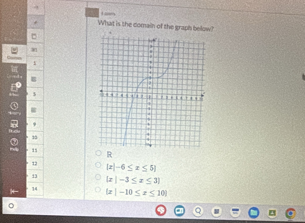 What is the domain of the graph below?
1
5
''' '
9
10
0
Help 11
R
12
 x|-6≤ x≤ 5
13
 x|-3≤ x≤ 3
14
 x|-10≤ x≤ 10