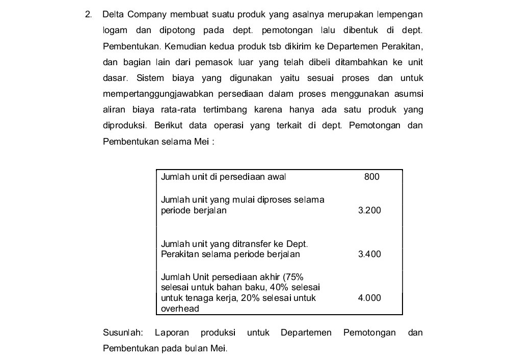 Delta Company membuat suatu produk yang asalnya merupakan lempengan
logam dan dipotong pada dept. pemotongan lalu dibentuk di dept.
Pembentukan. Kemudian kedua produk tsb dikirim ke Departemen Perakitan,
dan bagian lain dari pemasok luar yang telah dibeli ditambahkan ke unit
dasar. Sistem biaya yang digunakan yaitu sesuai proses dan untuk
mempertanggungjawabkan persediaan dalam proses menggunakan asumsi
aliran biaya rata-rata tertimbang karena hanya ada satu produk yang
diproduksi. Berikut data operasi yang terkait di dept. Pemotongan dan
Pembentukan selama Mei :
Jumlah unit di persediaan awal 800
Jumlah unit yang mulai diproses selama
periode berjal an 3.200
Jumlah unit yang ditransfer ke Dept.
Perakitan selama periode berjalan 3.400
Jumlah Unit persediaan akhir (75%
selesai untuk bahan baku, 40% selesai
untuk tenaga kerja, 20% selesai untuk 4.000
overhead
Susunlah: Laporan produksi untuk Departemen Pemotongan dan
Pembentukan pada bulan Mei.