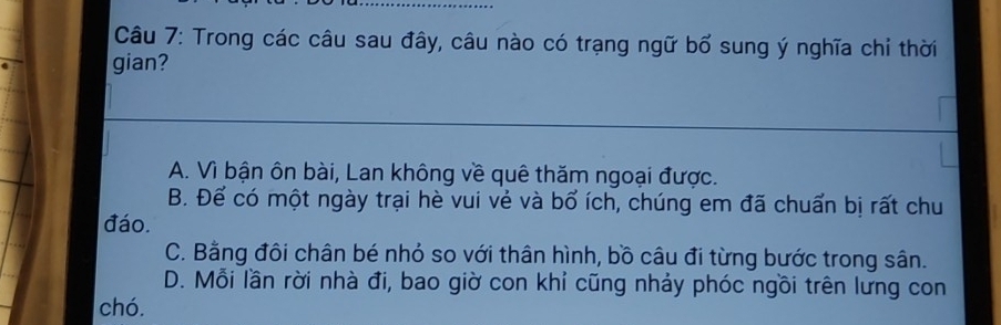 Trong các câu sau đây, câu nào có trạng ngữ bổ sung ý nghĩa chỉ thời
gian?
A. Vì bận ôn bài, Lan không về quê thăm ngoại được.
B. Để có một ngày trại hè vui vẻ và bổ ích, chúng em đã chuẩn bị rất chu
đáo.
C. Bằng đôi chân bé nhỏ so với thân hình, bồ câu đi từng bước trong sân.
D. Mỗi lần rời nhà đi, bao giờ con khỉ cũng nhảy phóc ngồi trên lưng con
chó.