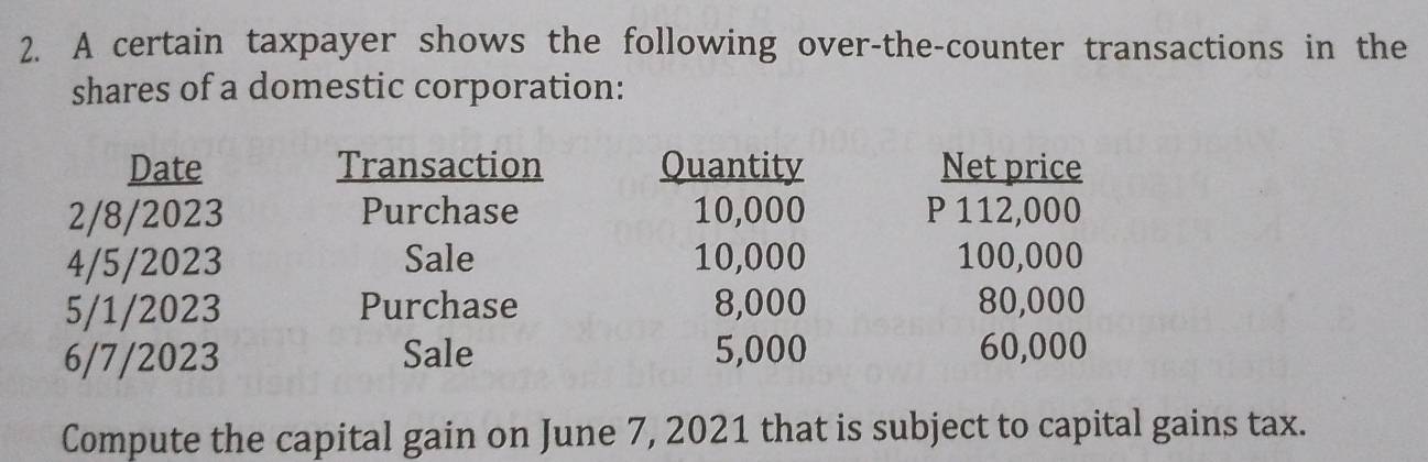 A certain taxpayer shows the following over-the-counter transactions in the 
shares of a domestic corporation: 
Date Transaction Quantity Net price
2/8/2023 Purchase 10,000 P 112,000
4/5/2023 Sale 10,000 100,000
5/1/2023 Purchase 8,000 80,000
6/7/2023 Sale 5,000 60,000
Compute the capital gain on June 7, 2021 that is subject to capital gains tax.