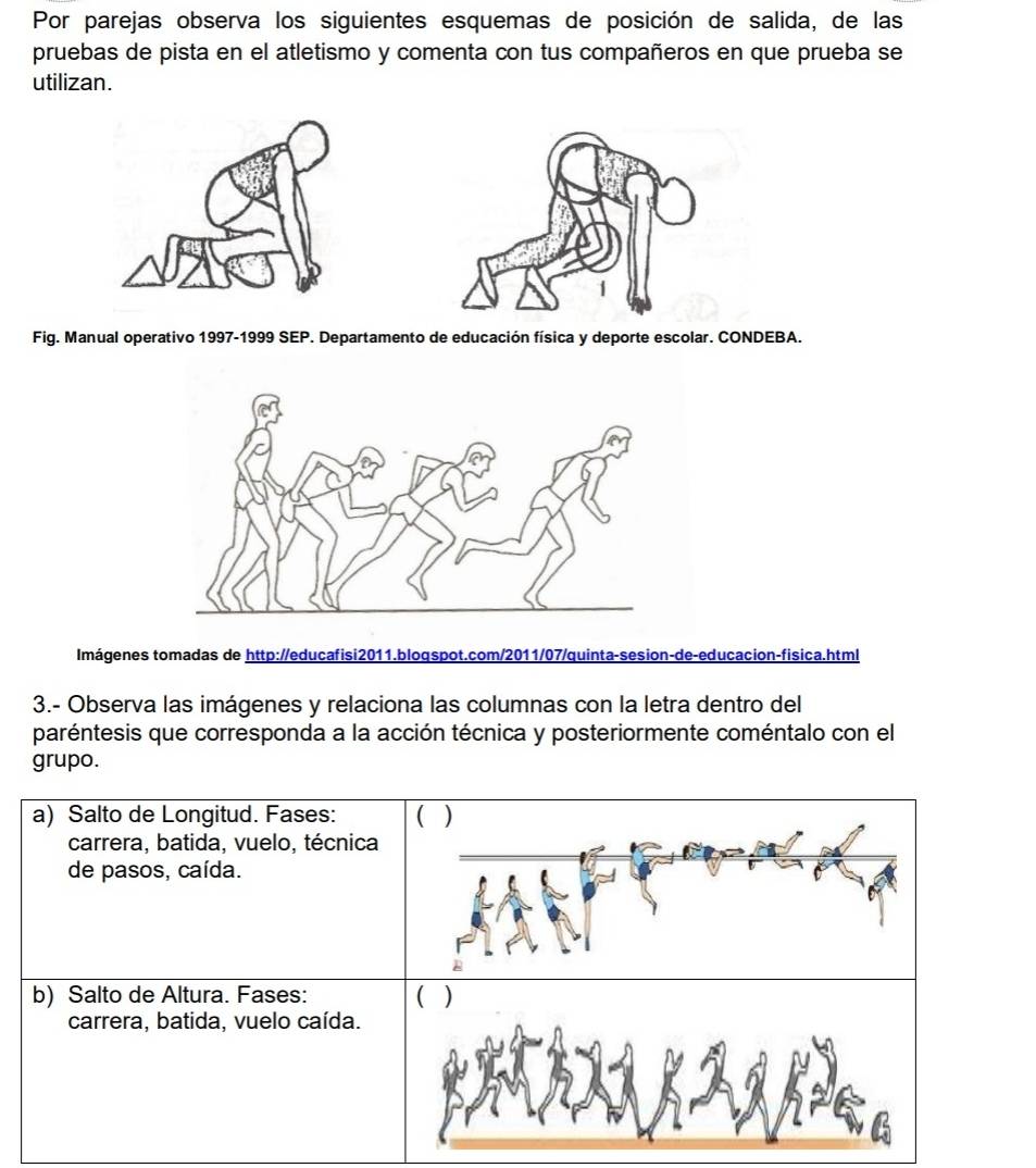 Por parejas observa los siguientes esquemas de posición de salida, de las 
pruebas de pista en el atletismo y comenta con tus compañeros en que prueba se 
utilizan. 
Fig. Manual operativo 1997-1999 SEP. Departamento de educación física y deporte escolar. CONDEBA. 
Imágenes tomadas de http://educafisi2011.bloqspot.com/2011/07/quinta-sesion-de-educacion-fisica.html 
3.- Observa las imágenes y relaciona las columnas con la letra dentro del 
paréntesis que corresponda a la acción técnica y posteriormente coméntalo con el 
grupo. 
a) Salto de Longitud. Fases: ( ) 
carrera, batida, vuelo, técnica 
de pasos, caída. 
b) Salto de Altura. Fases: ( ) 
carrera, batida, vuelo caída.