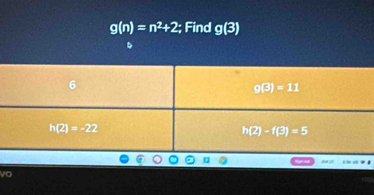 g(n)=n^2+2; Find g(3)
so 1 9 
vo