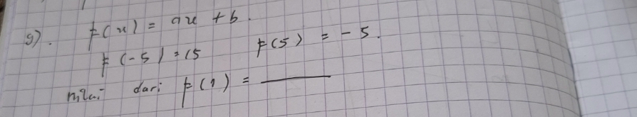 F(x)=ax+b. 
3). F(5)=-5.
F(-5)=15
mia darì F(1)= _