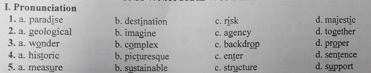 Pronunciation
1. a. paradise b. destination c. risk d. majestic
2. a. geological b. imagine c. agency d. together
3. a. wonder b. complex c. backdrop d. proper
4. a. historic b. picturesque c. enter d. sentence
5. a. measure b. sustainable c. structure d. support