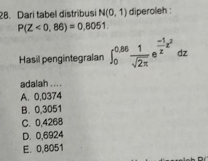 Dari tabel distribusi N(0,1) diperoleh :
P(Z<0,86)=0,8051. 
Hasil pengintegralan ∈t _0^((0.86)frac 1)sqrt(2π )e^(frac -1)zz^2dz
adalah ... .
A. 0,0374
B. 0,3051
C. 0,4268
D. 0,6924
E. 0,8051