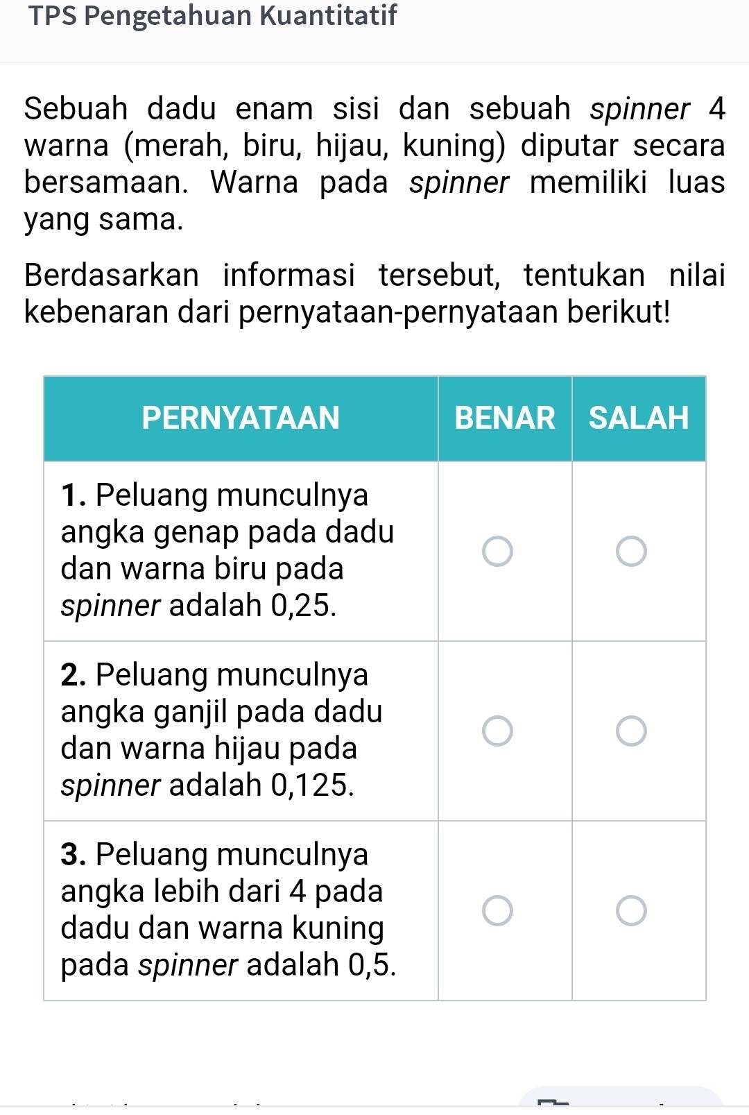 TPS Pengetahuan Kuantitatif 
Sebuah dadu enam sisi dan sebuah spinner 4
warna (merah, biru, hijau, kuning) diputar secara 
bersamaan. Warna pada spinner memiliki luas 
yang sama. 
Berdasarkan informasi tersebut, tentukan nilai 
kebenaran dari pernyataan-pernyataan berikut!