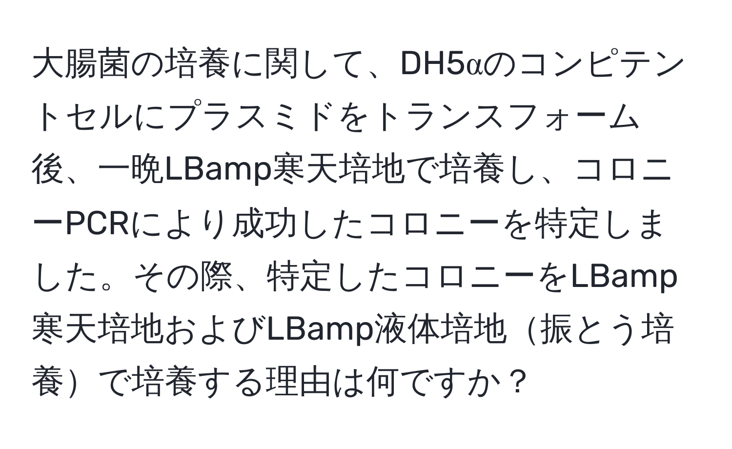 大腸菌の培養に関して、DH5αのコンピテントセルにプラスミドをトランスフォーム後、一晩LBamp寒天培地で培養し、コロニーPCRにより成功したコロニーを特定しました。その際、特定したコロニーをLBamp寒天培地およびLBamp液体培地振とう培養で培養する理由は何ですか？