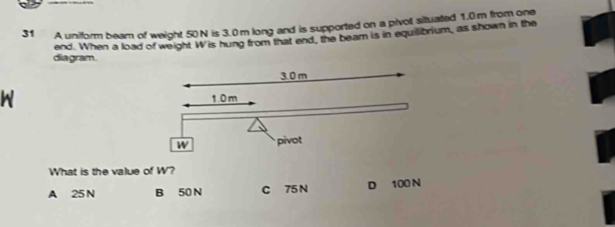 Solved: A uniform beam of weight 50 N is 3.0 m long and is supported on ...