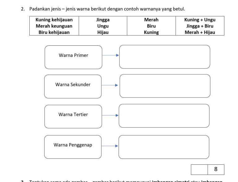 Padankan jenis - jenis warna berikut dengan contoh warnanya yang betul. 
Warna Primer 
Warna Sekunder 
Warna Tertier 
Warna Penggenap
8