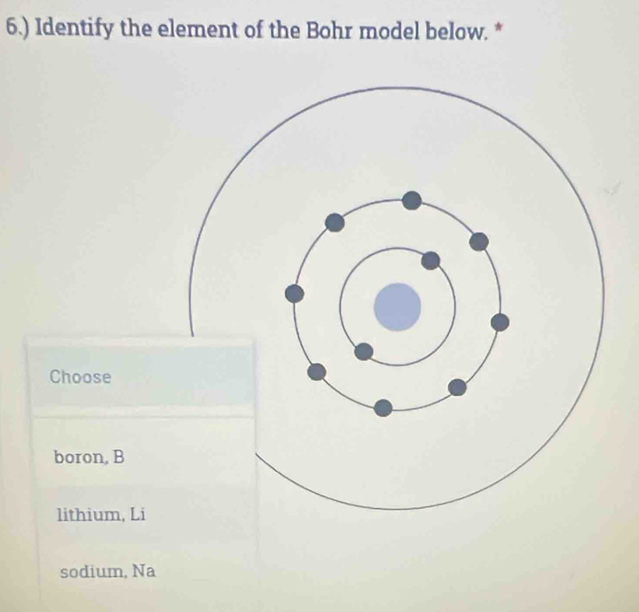 6.) Identify the element of the Bohr model below. *
Choose
boron, B
lithium, L
sodium, Na