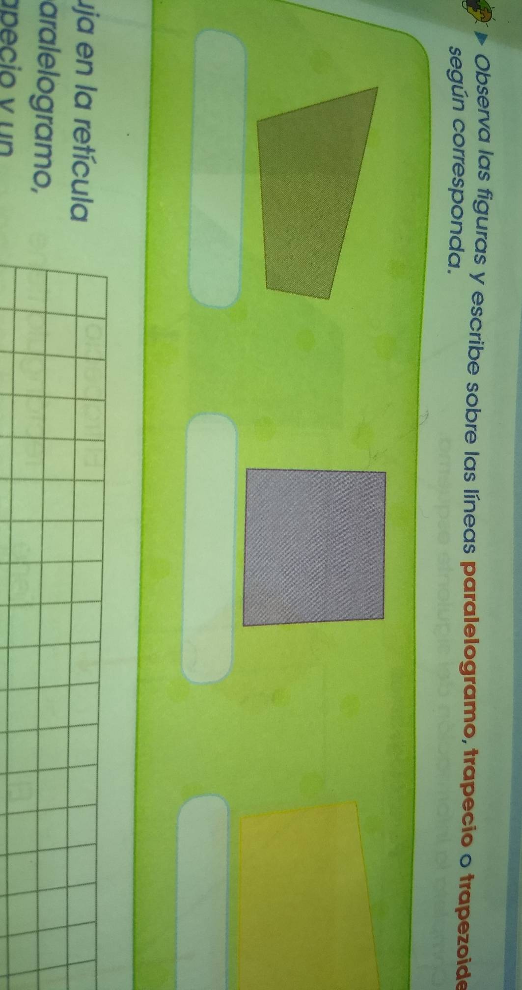 Observa las figuras y escribe sobre las líneas paralelogramo, trapecio o trapezoide 
según corresponda. 
uja en la retícula 
aralelogramo, 
apecio v un