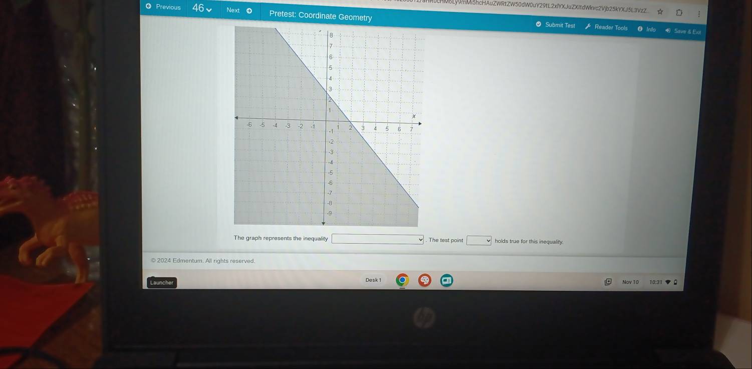 mMi5hcHAuZWRtZW50dW0uY29tL2xlYXJuZXItdWkvc2Vjb25kYXJ5L3VzZ ☆ 
Previous Next o Pretest: Coordinate Geometry Submit Test 
Reader Tools Save & Ext 
The graph represents the inequality . The test point holds true for this inequality. 
© 2024 Edmentum. All rights reserved. 
Launche Desk 1 
Nov 10