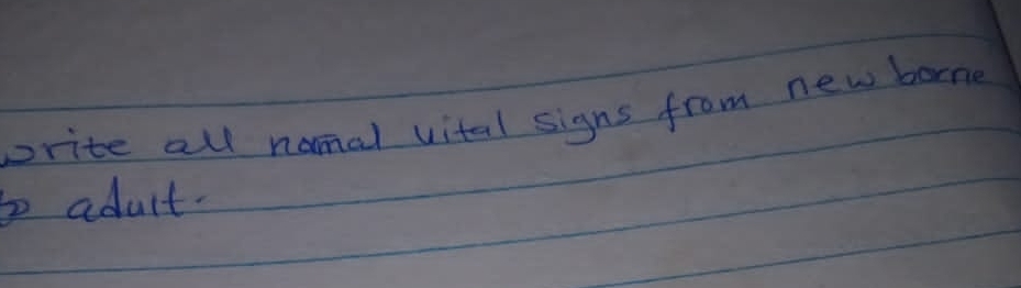 write all nomal vital signs from new borne 
b adult.