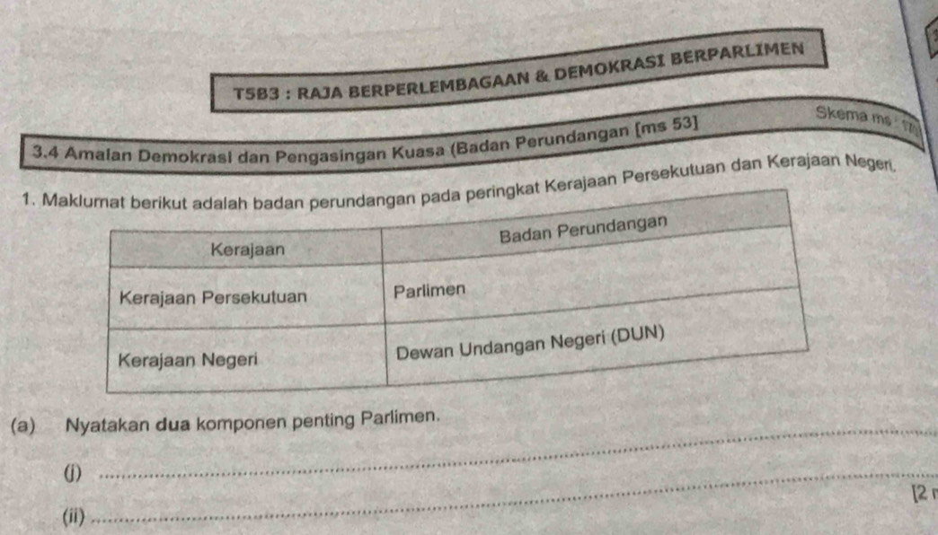 T5B3 : RAJA BERPERLEMBAGAAN & DEMOKRASI BERPARLIMEN 
3.4 Amalan Demokrasi dan Pengasingan Kuasa (Badan Perundangan [ms 53] 
Skema ms 
1. aan Persekutuan dan Kerajaan Negeri. 
(a) Nyatakan dua komponen penting Parlimen. 
(j)_ 
[2 r 
(ii)