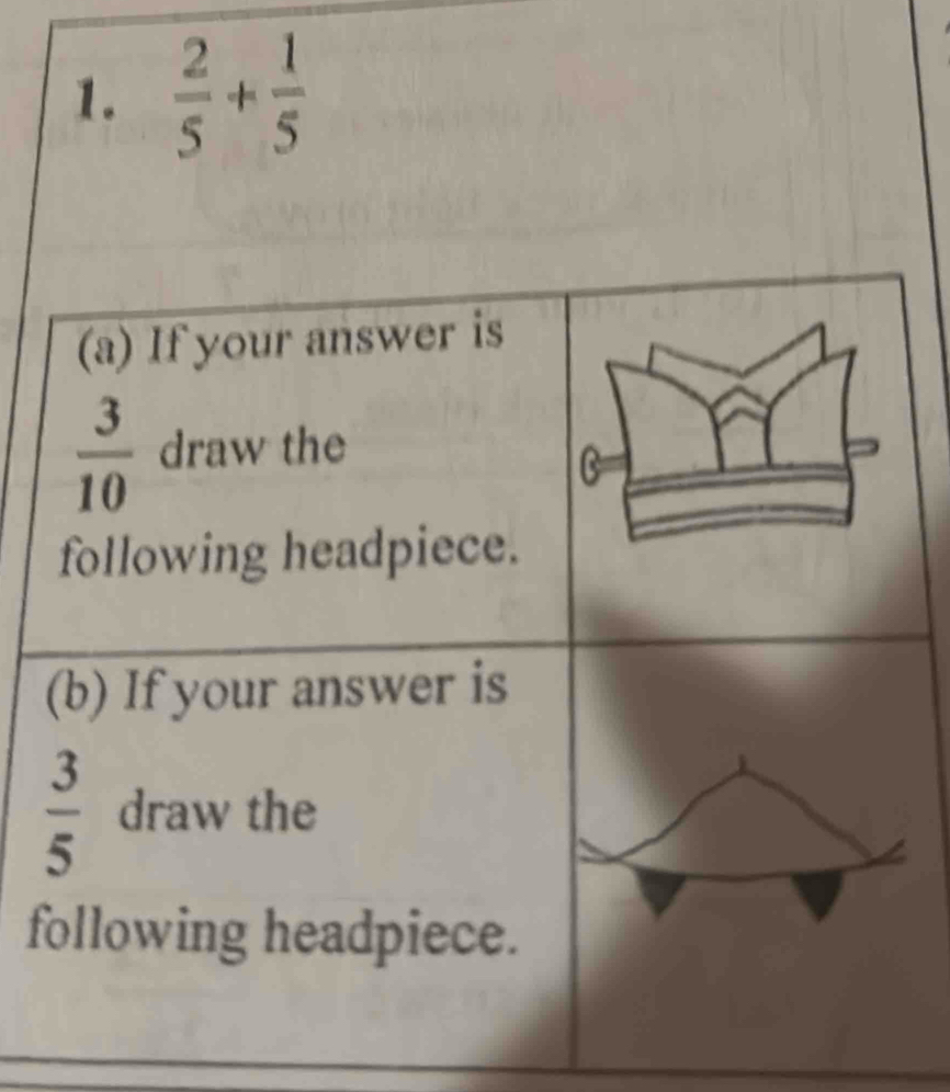  2/5 + 1/5 
(a) If your answer is
 3/10  draw the 
C 
following headpiece. 
(b) If your answer is
 3/5  draw the 
following headpiece.