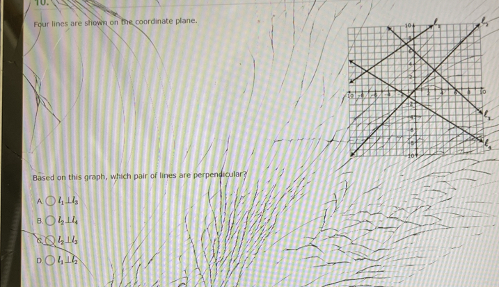 Four lines are shown on the coordinate plane.
Based on this graph, which pair of lines are perpendicular?
A. l_1⊥ l_3
B. l_2⊥ l_4
C l_2⊥ l_3
D. l_1⊥ l_2