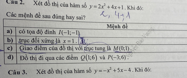 Cầu 2. Xét đồ thị của hàm số y=2x^2+4x+1. Khi đó:
Các mệnh đề sau đún
Câu 3. Xét đồ thị của hàm số y=-x^2+5x-4. Khi đó: