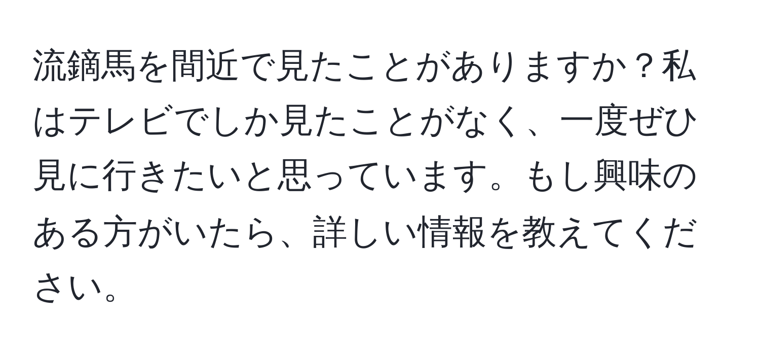 流鏑馬を間近で見たことがありますか？私はテレビでしか見たことがなく、一度ぜひ見に行きたいと思っています。もし興味のある方がいたら、詳しい情報を教えてください。