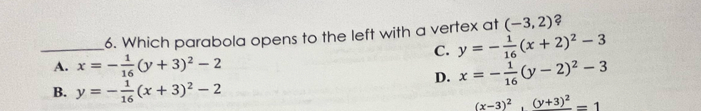 Which parabola opens to the left with a vertex at (-3,2) ?
C. y=- 1/16 (x+2)^2-3
A. x=- 1/16 (y+3)^2-2
D. x=- 1/16 (y-2)^2-3
B. y=- 1/16 (x+3)^2-2
(x-3)^2,(y+3)^2==1