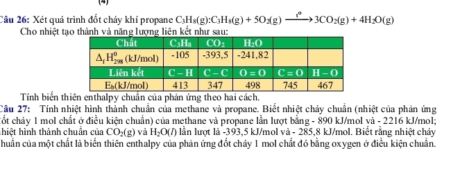 (4)
Câu 26: Xét quá trình đốt cháy khí propane C_3H_8(g):C_3H_8(g)+5O_2(g)to 3CO_2(g)+4H_2O(g)
Cho nhiệt tạo thành và năng lượng liên kết như sau:
Tính biến thiên enthalpy chuân của phản ứng theo hai cách.
Câu 27: Tính nhiệt hình thành chuẩn của methane và propane. Biết nhiệt cháy chuẩn (nhiệt của phản ứng
cốt cháy 1 mol chất ở điều kiện chuẩn) của methane và propane lần lượt bằng - 890 kJ/mol và - 2216 kJ/mol;
hhiệt hình thành chuẩn của CO_2(g) và H_2O(l) lần lượt là -393,5 kJ/mol và - 285,8 kJ/mol. Biết rằng nhiệt cháy
huẩn của một chất là biến thiên enthalpy của phản ứng đốt cháy 1 mol chất đó bằng oxygen ở điều kiện chuẩn.