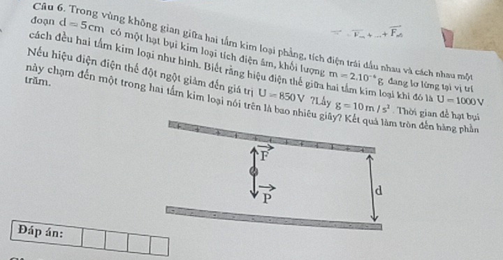 vector =∪ vector F_m+...+vector F_m
Câu 6. Trong vùng không gian giữa hai tấm kim loại phẳng, tích điện trái đầu nhau và cách nhau mộ
đoạn d=5cm có một hạt bụi kim loại tích điện âm, khối lượng
cách đều hai tấm kim loại như hình. Biết răng hiệu điện thể giữa hai tâm kim loại khi đó là U=1000V
trăm.
m=2.10^(-6)g đang lơ lừng tại vị trí
Nếu hiệu điện điện thế đột ngột giảm đến giá trị U=850V ?Låy g=10m/s^2 Thời gian đề hạt bụi
hày chạm đến một trong hai tấm kim loại nói trị
giêu giây? Kết quả làm tròn đến hàng phần
Đáp án: