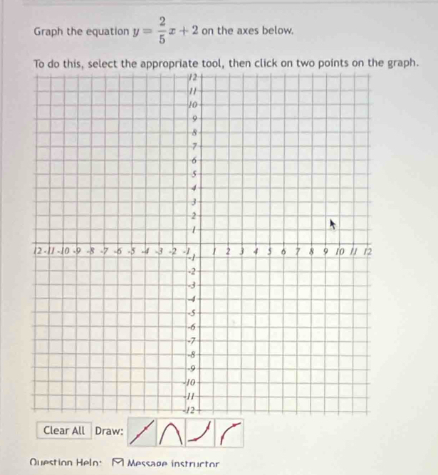 Graph the equation y= 2/5 x+2 on the axes below. 
lick on two points on the graph. 
Clear All Draw: 
Question Helo: M Message instructor