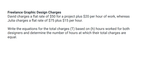 Freelance Graphic Design Charges 
David charges a flat rate of $50 for a project plus $20 per hour of work, whereas 
Julia charges a flat rate of $75 plus $15 per hour. 
Write the equations for the total charges (T) based on (h) hours worked for both 
designers and determine the number of hours at which their total charges are 
equal.